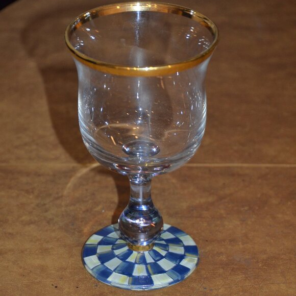 RARE RETIRED DESIGNER MACKENZIE CHILDS BLUE ROYAL CHECK GOLD WATER GLASS GOBLET - Picture 4 of 11